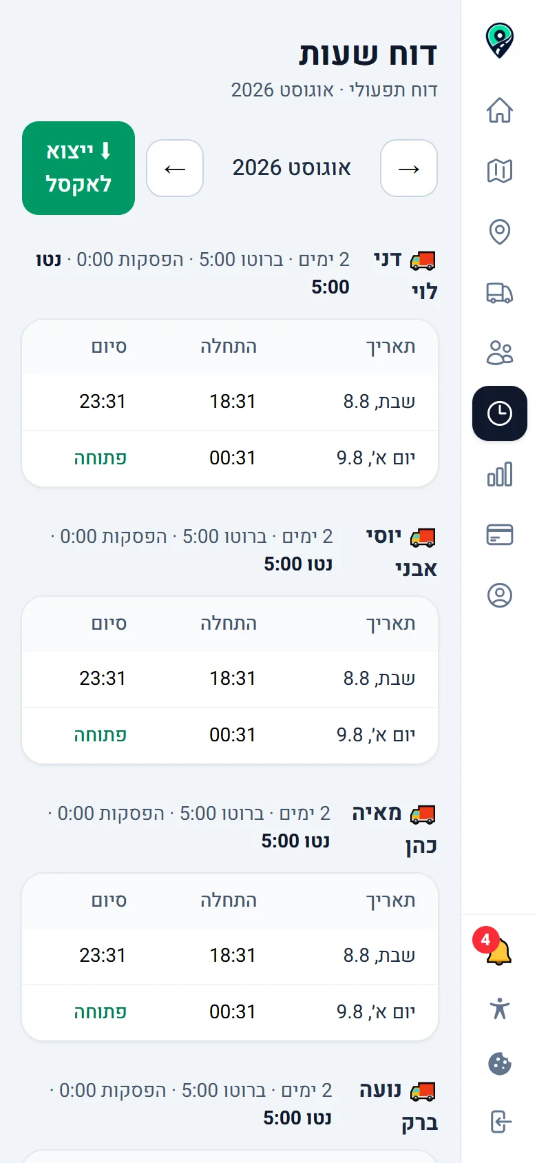 שעון משמרות ודוח שעות